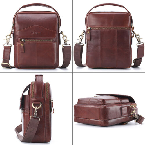 100/% Genuine Leather Men/'s Sling Shoulder//Messenger Bag Double Zipper 8/" Handbag