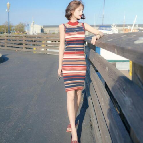 Sleeveless Dress Autumn Stripe Knitting Women Slim Round neck Skirt Clothes S-XL 
