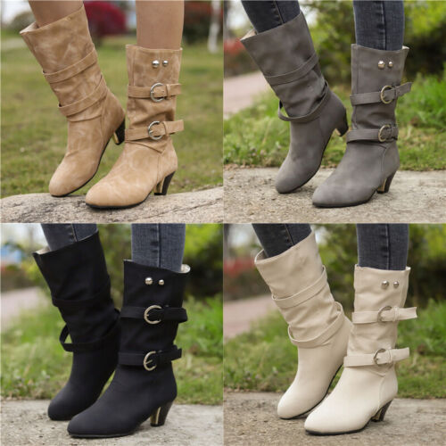 Ladies Retro Mid Block Heels Mid Calf Wide Boots Womens Buckle Winter Shoes Size 