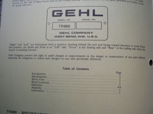 Details about  / Gehl TR600 Two Row Attachment Owner Operator Manual Start Up Guide Setting