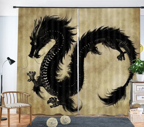 Oriental Black Dragon 3D Curtain Window Decor Photo Print Blockout Drapes Fabric 