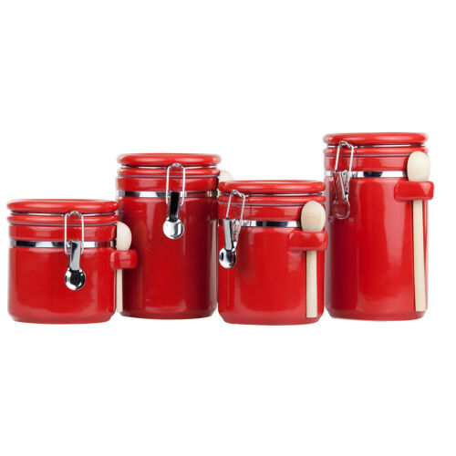 4-Piece Set Ceramic Canisters with Air-Tight Clamp-Top Lids and Wooden Spoons