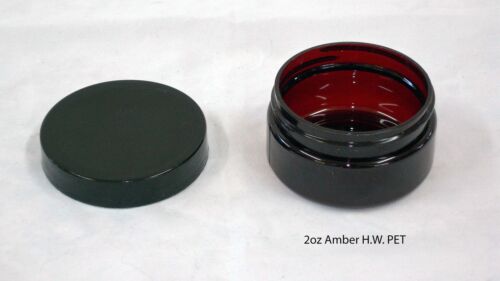 2 or 4 or 8 oz Short PET Plastic Amber Containers Jars w//Black Lined Cap