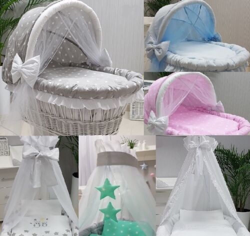 BEDDING SET TO FIT MOSES BASKET WITH CANOPY OR HOOD WITH TULLE 16 COLOURS