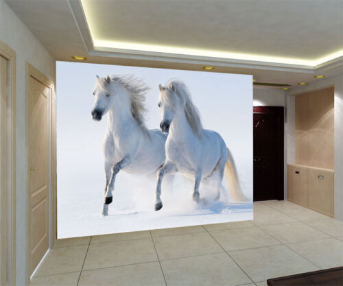 Two White Horses Gallop Snow 3D Full Wall Mural Photo Wallpaper Home Decal Kids 