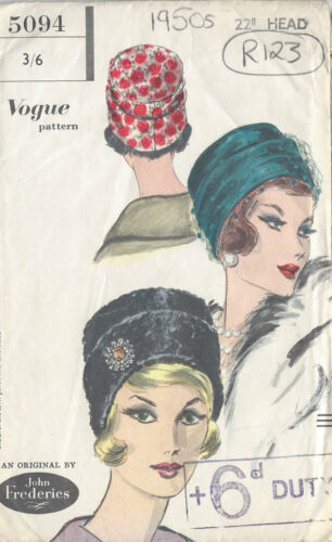 By 'John Frederics' R123 1950s Vintage VOGUE Sewing Pattern HAT S22" 