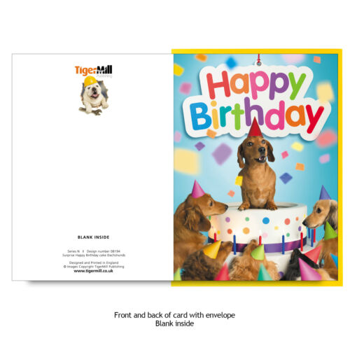 Dachshund sausage dog emerges from cake surrounded by dog friends Birthday card