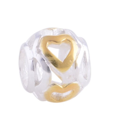 Genuine Solid Sterling Silver Gold Plate LOVE HEART Charm to Fit Bead Bracelet