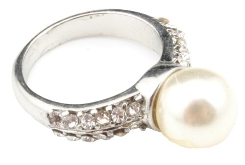 Zest Silver Coloured Diamante Band Ring with Pearl Effect Bead 
