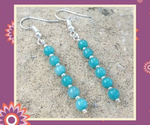 Blue Green Amazonite Earrings Silver Beads Glass Present Gift Gemstone