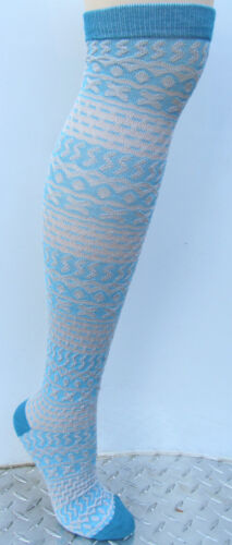 K.Bell Pattern Stripe Over The Knee Socks Womans Ladies Teal Light Gray New 