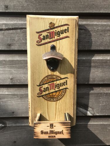 San Miguel Wall Mounted Rustic Wooden Beer Bottle Opener 
