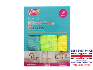 3 Microfibre Cleaning Cloths Soft Multi-Colours Kitchen Bathroom Glass Surfaces 