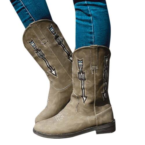Womens Flat Low Heels Mid-Calf Boots Ladies Casual Wide Calf Cowgirl Boots Shoes 