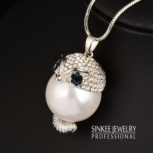 Cute Big Pearl Owl Pendant Long Necklace For Women 18K White Gold Chain My420