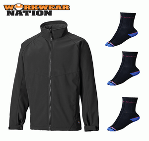 Dickies Softshell Jacket Waterproof Full Zip Coat Black FREE SOCKS Breathable