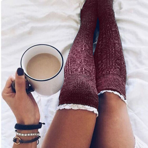 Womens Lace Over the Knee Socks Thigh High Long Cotton Stockings Winter Warmers 