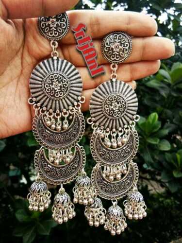India Traditional Silver Oxidized Bollywood Fashion Jewelry Drop Earrings Jhumka