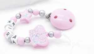 Schnullerkette mit Namen ♥ Mädchen ♥ Glitzer Stern Krone ♥ rosa silber Baby