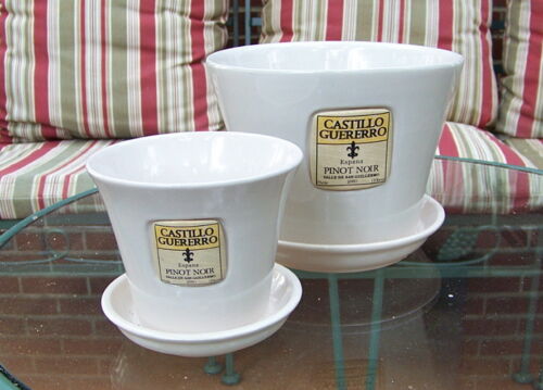 SET OF 2 CERAMIC WHITE 8" AND 5" PLANTERS WITH SAUCER FLOWER POTS SQUARE MOTIF 