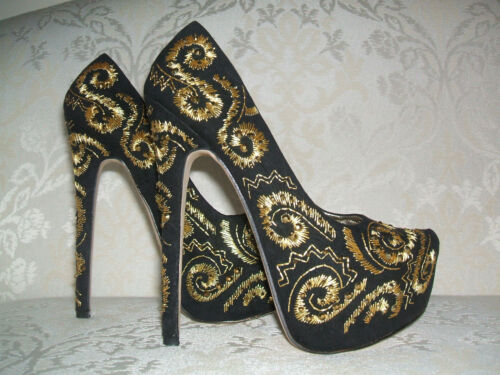 Nouvelle taille 3 4 5 6 black gold diamante brodé talon haut plateforme cour chaussures