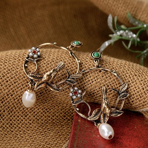 Fashion Charm Gold Plated Birds Flowers Big Earrings for Women Jewelry FH8486