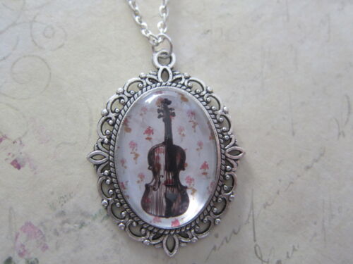 Black Musical Musician Violin Silhouette Silver Plated Necklace New in Gift Bag 