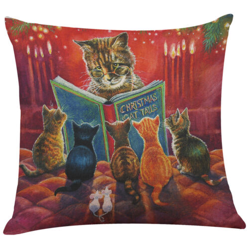 18" Christmas Cat Cotton Linen Pillow Case Throw Cushion Cover Home Décor 