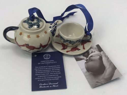 Details about  &nbsp;Polish Boleslawiec Pottery Christmas Ornament Mini Teapot Teacup Robin Set of 2
