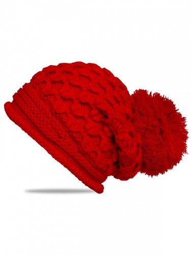 CASPAR Damen Long Strick Beanie mit Zopfmuster und Wollbommel Mütze Schwarz NEU