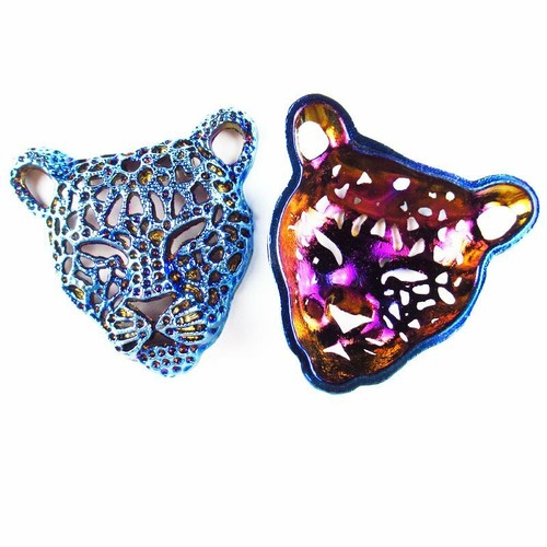 1Pcs 16g Carved Blue Plated Tibetan Silver Leopard Head Pendant Bead SH806