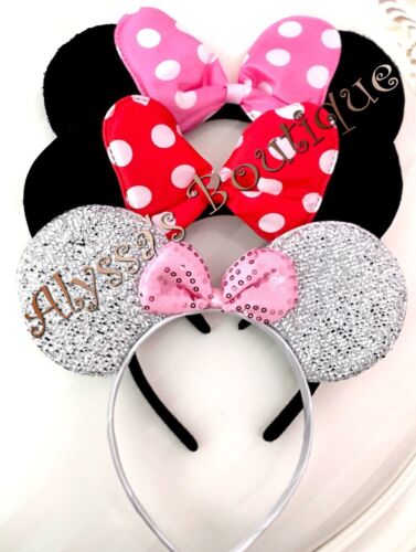 3 Minnie Mouse Ears Headbands Silver Black Plush Pink Red Polka Dots Party Favor