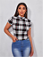Multicolor Mock Neck Form Fitted Plaid Cap Sleeve Slim Crop Tee Top Sz XS S M L 