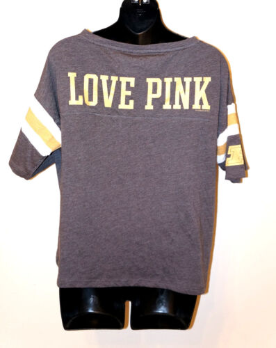 VICTORIA'S SECRET LOVE PINK 01 T-SHIRT Shirt Tee Crop Grey Gold Cut Penn State 