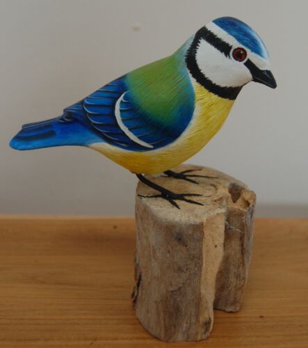 Hand carved and painted wooden Blue Tit on parasite wood base 13cm