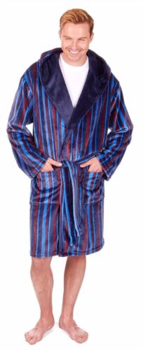 Mens Long Sleeve Luxury Super Soft Feel Striped Hooded Dressing Gown Robe
