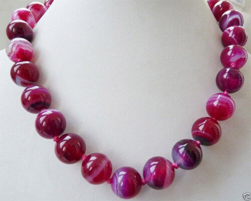 New 10mm Natural Fuchsia Stripe Agate Onyx Gemstone Round Beads Necklace 18" 