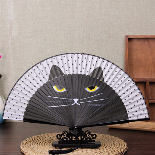 Japanese Cosplay Silk Bamboo Hand Held Cartoon Cat Folding Fan Party Gift 8C