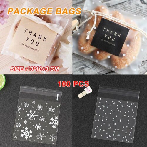 300PCS Cookie Bags Self Adhesive Candy Bags Baking Package Plastic Clear Bag VC