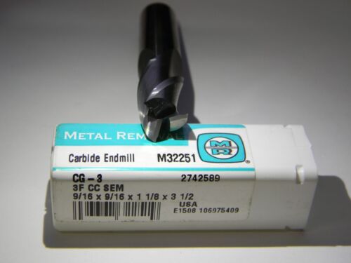 Metal Removal  9//16/" x 9//16/" x 1-1//8/" x 3-1//2/" 3F Carbide Single End Mill M32251