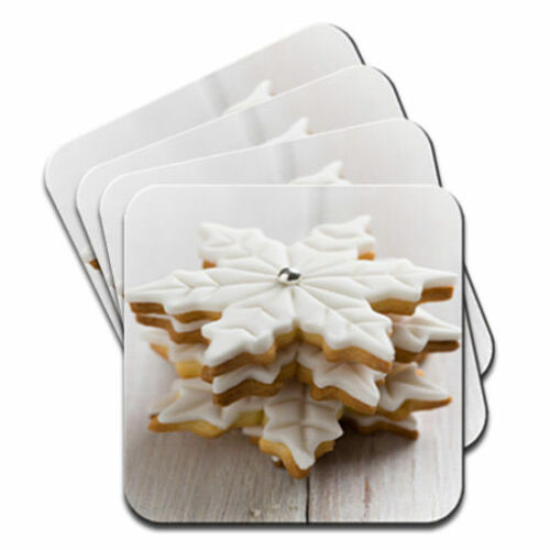 Christmas Flower Cookies with White Icing and Silver Set of 4 Coasters