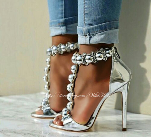 US 6-10 Silver Mirrored Pom-Pom T-Strap Open Toe *Celebrity Style Heels