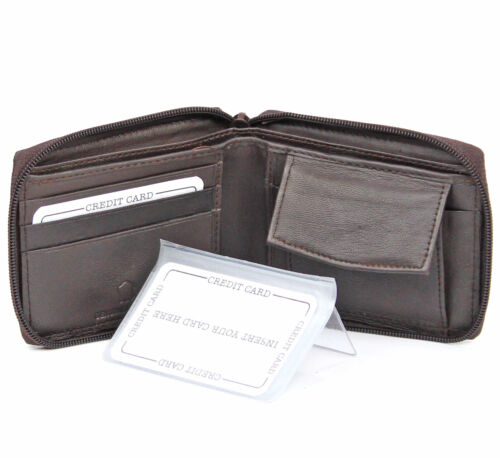 Mens Genuine Leather Zip Secure Zipper Around Wallet Billfold Coin Bifold Brown