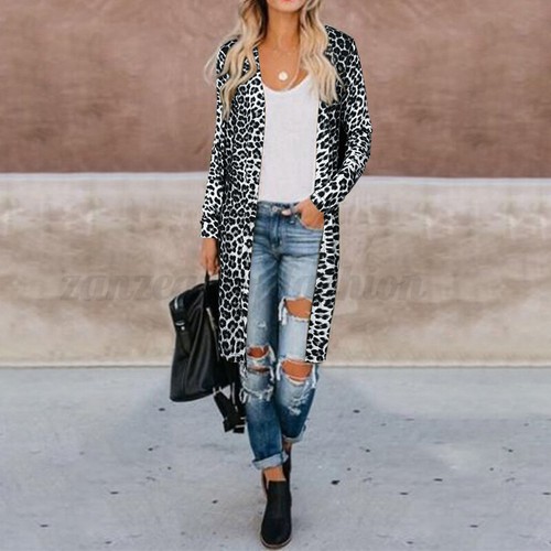 Fashion Women Open Front Cardigan Casual Long Jacket Coat Leopard Print Outwear