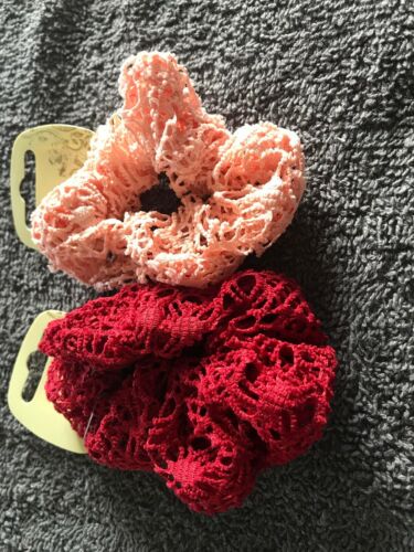 Pack 2 coloured hair scrunchies lace effect fabric bobble elastic lacy band