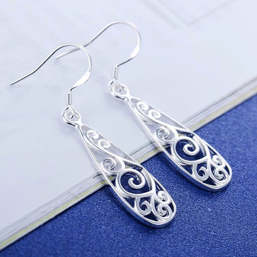 Women Simple Jewelry Bohemia Fashion Silver Hollow Carved Water Drop Earring k