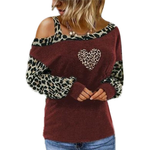 Autumn Lady Girl Leopard Print Cold Shoulder Tops Long Sleeve Blouse T-Shirt