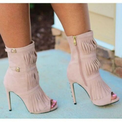 Details about   Womens Side Zip Ankle Boots High Heel Suede Fabric Peep Toe Party Tassels Shoes 