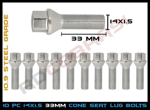 M14x1.5 Cone Conical Seat Lug Bolts 33mm Shank Audi VolksWagen Mercedes Benz