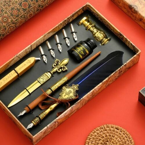 Stylish HQ 12+5 Nibs Quill Dip Feather Pen Full Gift Set+Ink,Accessories/&Box